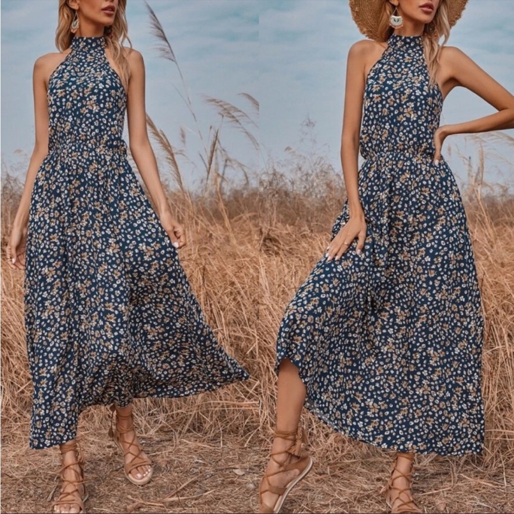 Boho floral print halter maxi dress